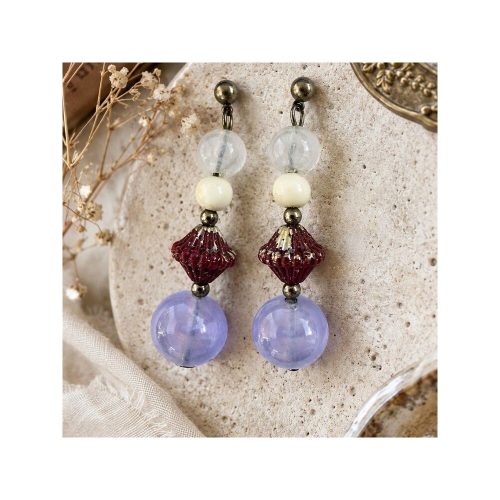 Vintage Purple Lucite Beaded Dangle Earrings Burgundy White Silver Tone Pierced